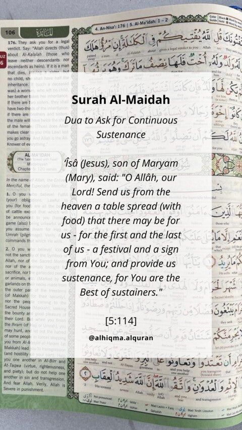 Surah Al-Ma'idah 5:114 highlights Jesus asking Allah for a heavenly feast and emphasizes the power of prayer and reliance on Allah