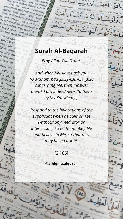 AlHiqma Al-Quran English Tagging Kit: Al-Baqarah 2:186 - Verses highlight Allah's closeness, emphasizing direct communication, trust, and obedience. Believers are reminded of His presence and guidance in every prayer.