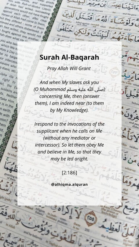 AlHiqma Al-Quran English Tagging Kit: Al-Baqarah 2:186 - Verses highlight Allah's closeness, emphasizing direct communication, trust, and obedience. Believers are reminded of His presence and guidance in every prayer.