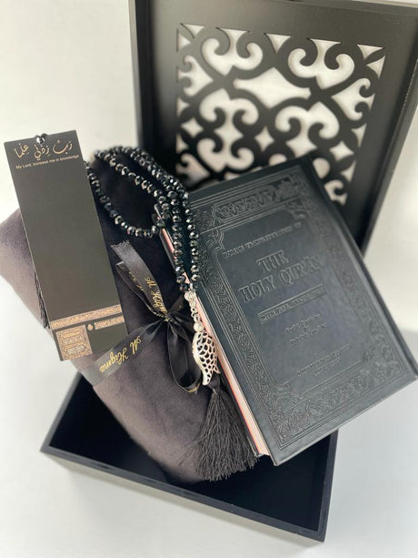 Gift Sets for Him - A5 Black Quran by Abdullah Yusuf Ali, 99 black crystal beads Tasbih, black Velvet Prayer Mat, Kiswah bookmark and Moroccan designed box.