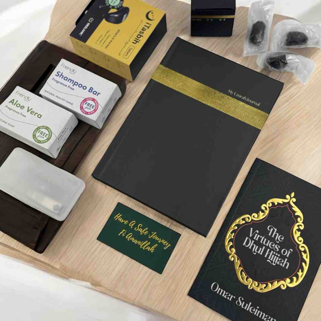 Barakah in Zulhijjah Islamic gift set with tasbih, journal, Dhul Hijjah book, natural soap, shampoo bar and Ajwa dates by Al Hiqma Singapore.