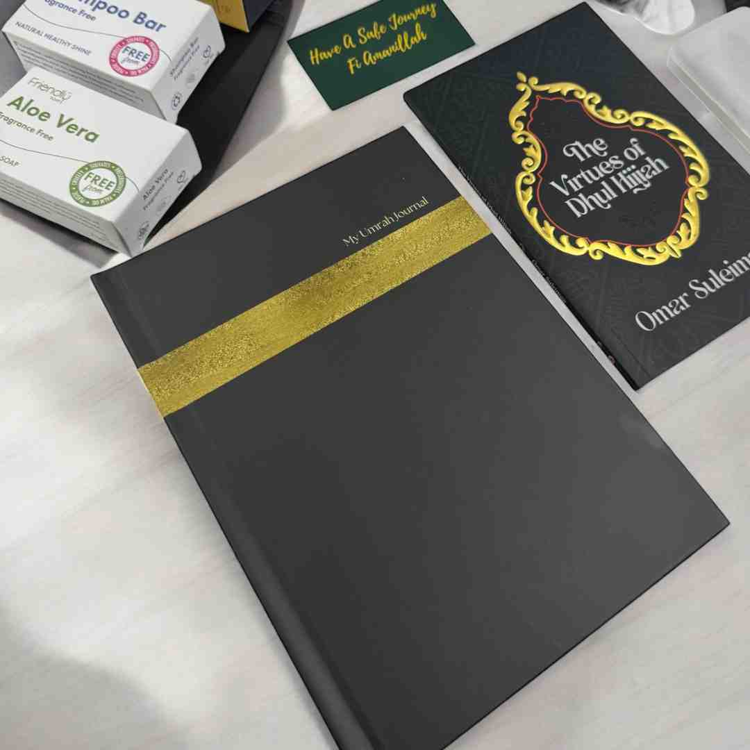 Zulhijjah gift set with tasbih, Islamic book, journal, Ajwa dates and self care essentials by Al Hiqma Singapore
