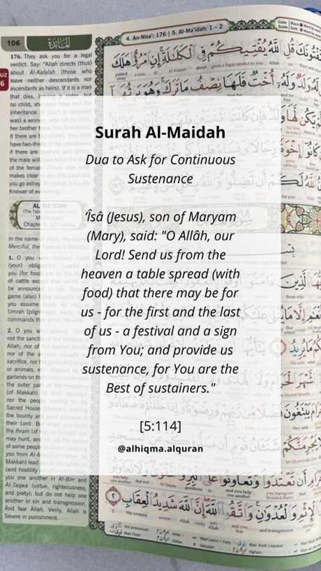 Surah Al-Ma'idah 5:114 highlights Jesus asking Allah for a heavenly feast and emphasizes the power of prayer and reliance on Allah
