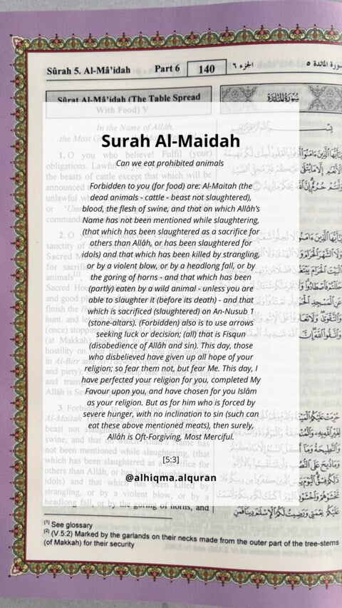 Overview of Surat Al-Ma'idah [5:3] Quranic verse detailing Islamic dietary laws, including what's permissible and forbidden to eat for Muslims.