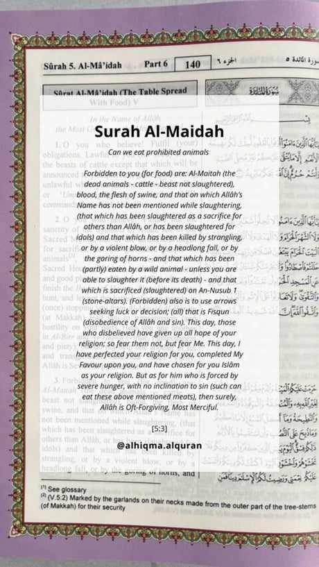 Overview of Surat Al-Ma'idah [5:3] Quranic verse detailing Islamic dietary laws, including what's permissible and forbidden to eat for Muslims.