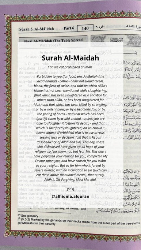 Overview of Surat Al-Ma'idah [5:3] Quranic verse detailing Islamic dietary laws, including what's permissible and forbidden to eat for Muslims.