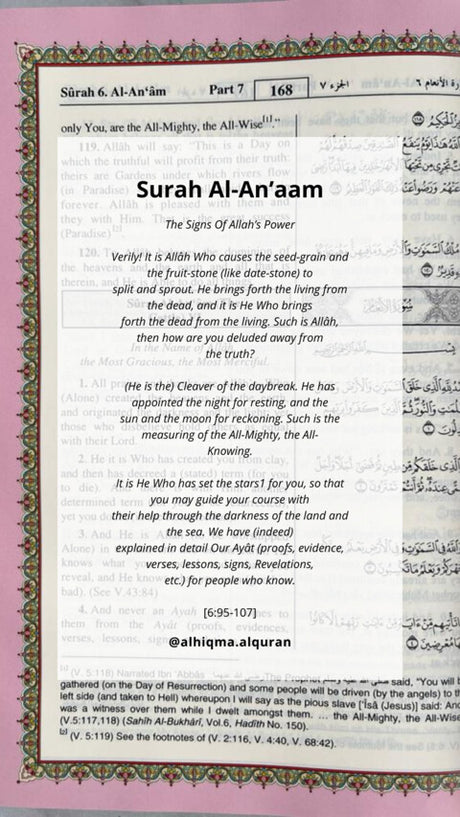 Visual summary of Surah Al-An'am 6:95-107 highlighting monotheism, with tips for daily life.