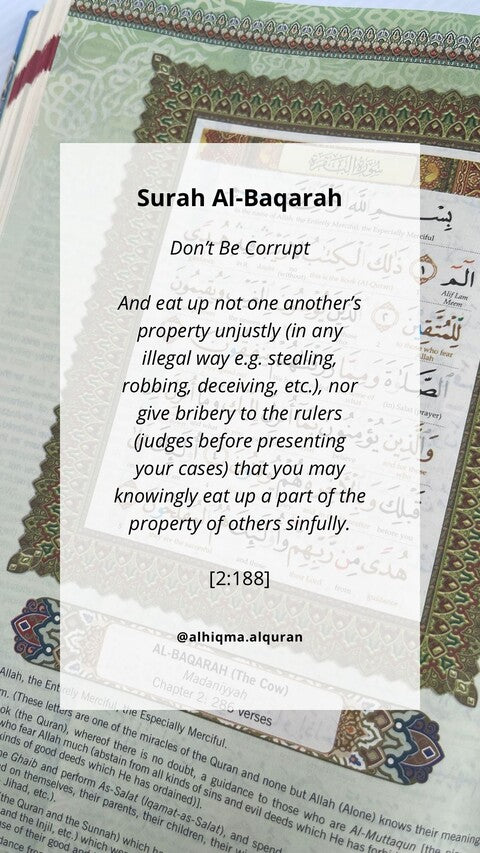 Verse from Surah Al-Baqarah warns against bribery and unfair wealth use, urging justice, morality, and seeking Allah's guidance. Use Al-Quran Tagging Kits English & Malay for deeper understanding.