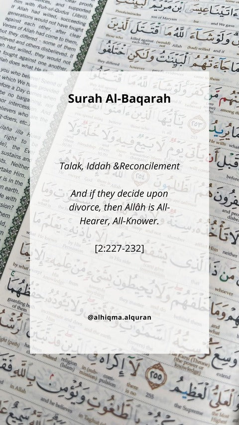 AlHiqma Surah Al-Baqarah's Quran 2:227-232 provides guidance on divorce, emphasizing kindness, fairness, and reconciliation. Al-Quran Tagging Kits English & Malay aids in easy referencing and deeper study.