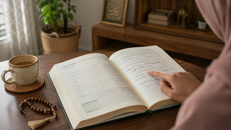 Muslim woman following Arabic text with her finger in an open Quran with transliteration and English translation, beside prayer beads and a cup of tea in a warm home study corner.
