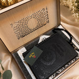 The Groom's Deen Box premium Islamic gift set featuring Arabic Al-Quran, prayer mat, crystal black tasbih and handcrafted Syrian wooden gift box.