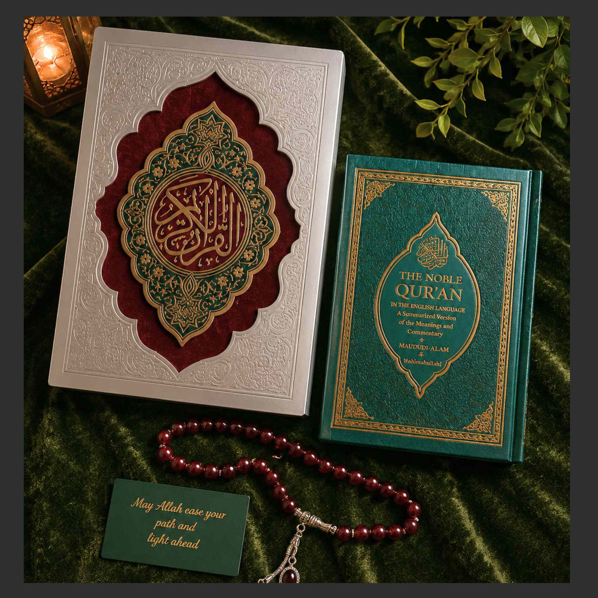 Elegant Islamic wedding gift set featuring exclusive Quran box, The Noble Quran with transliteration and English translation, and red tasbih beads with stainless steel tassels on a beige luxury wedding backdrop.