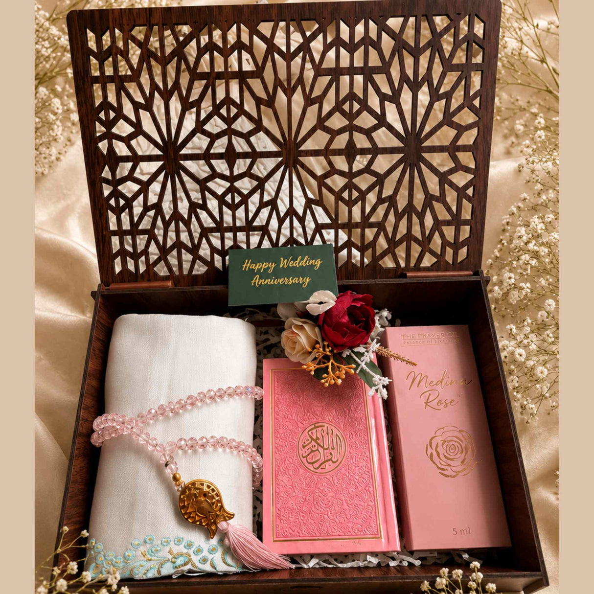 The Qalb and Rose Luxe Set Islamic wedding gift with pink Quran crystal tasbih and Medina Rose fragrance