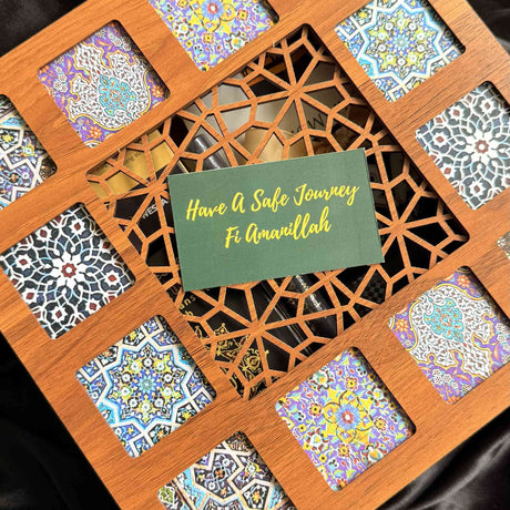Premium wooden tile gift box Islamic Umrah set packaging Al Hiqma