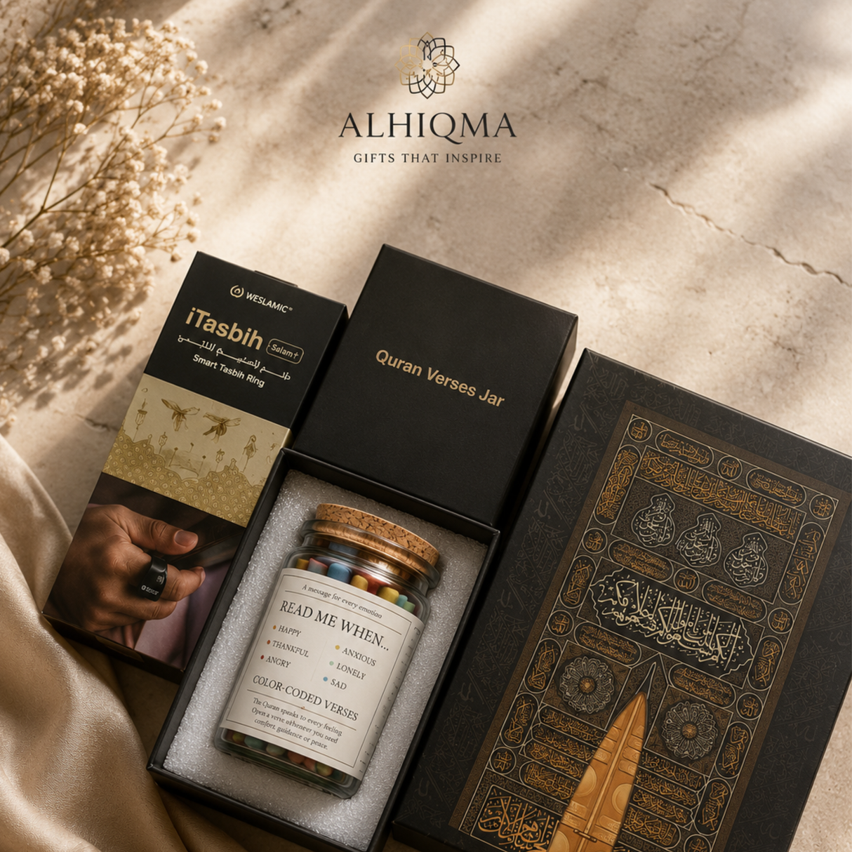 Premium Islamic gift set in black Alhiqma gift box with ribbon
