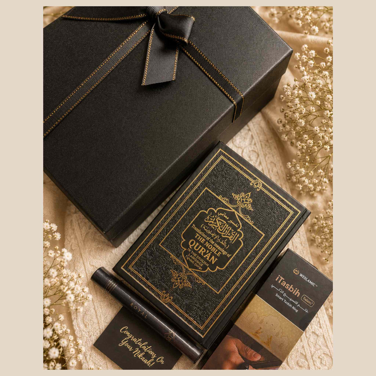 Elegant Muslim men gift box featuring Quran with English translation and smart tasbih ring by Al Hiqma