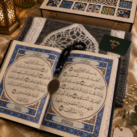 Open Groom's Deen Box displaying Arabic Al-Quran, luxury prayer mat, crystal black 33-bead tasbih inside an elegant handcrafted Syrian wooden box.