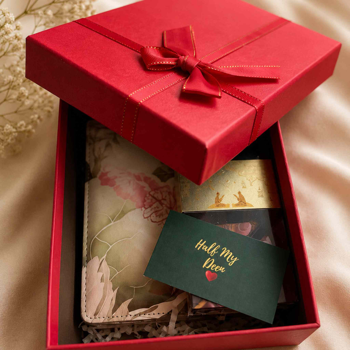 Romantic Muslim couple gift set with pink Quran digital tasbih and ribbon gift packaging