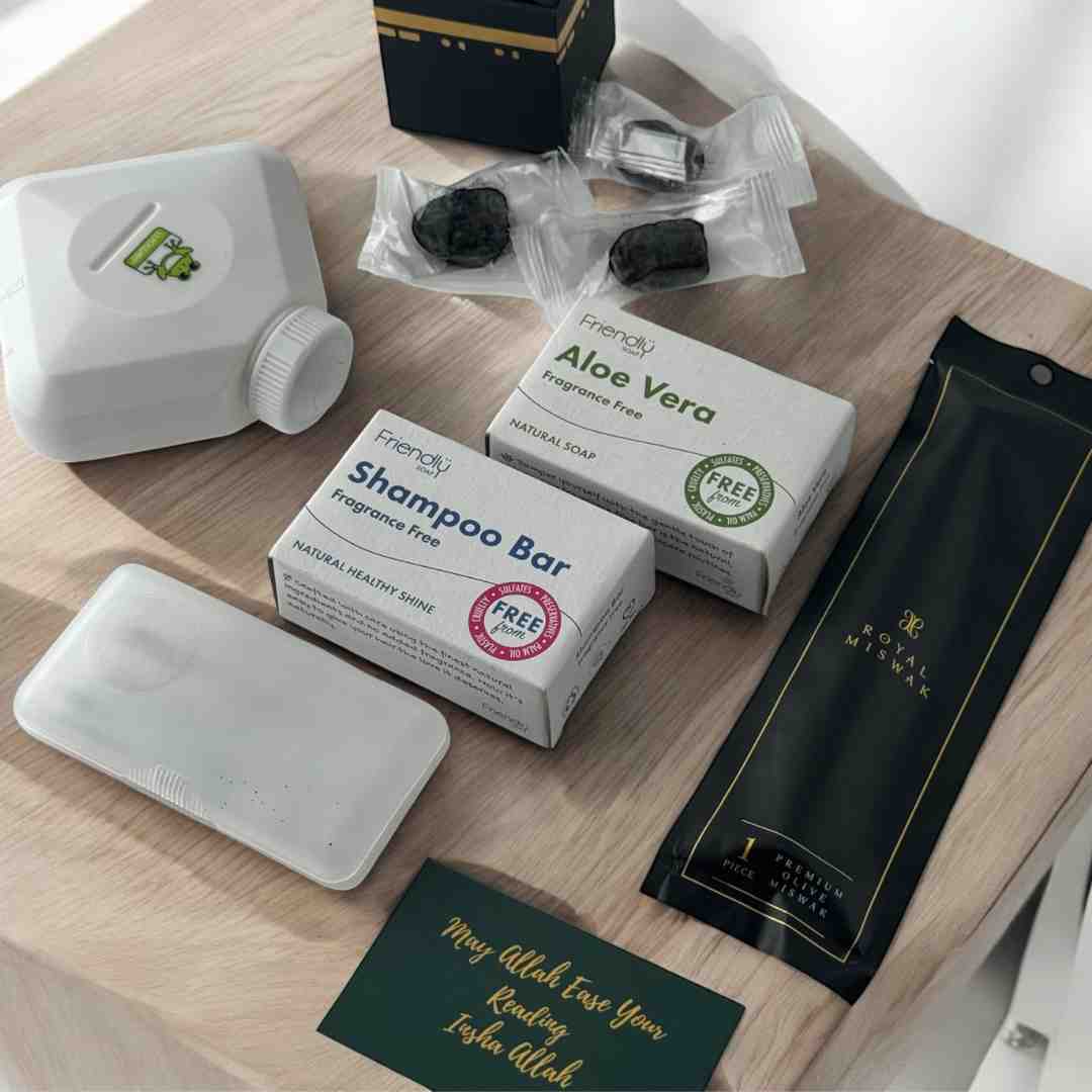 Ihram friendly travel essentials set with hygiene kit, miswak and Ajwa dates for Hajj and Umrah