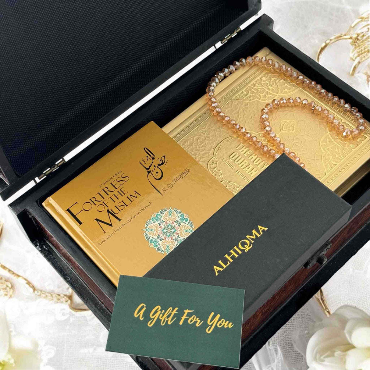 Dhahab Nikah gift set with Quran crystal tasbih and black gold bookmark Singapore