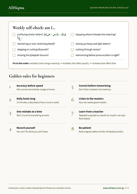 Quran pronunciation checklist page 3: weekly self-check of common recitation mistakes and eight golden rules for beginners