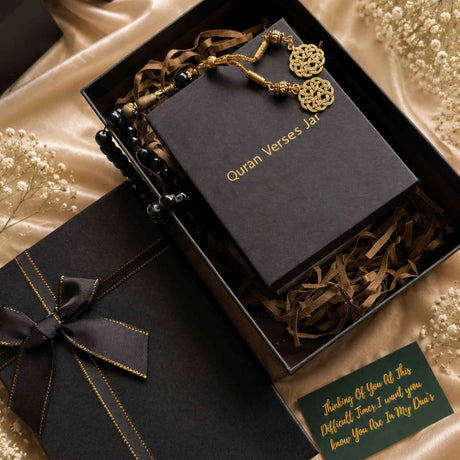 Luxury black Islamic comfort gift box with Quran jar tasbih beads and gold tassels for heartfelt du’a gifting