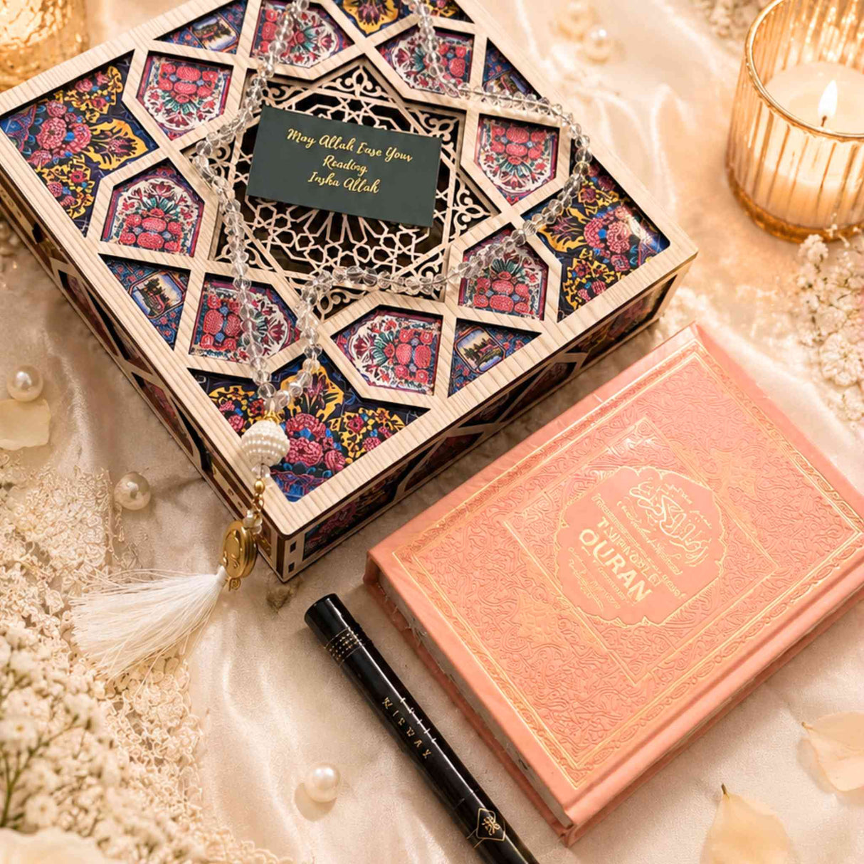 Luxury Nikah Quran gift set with crystal tasbih and royal miswak by Al Hiqma