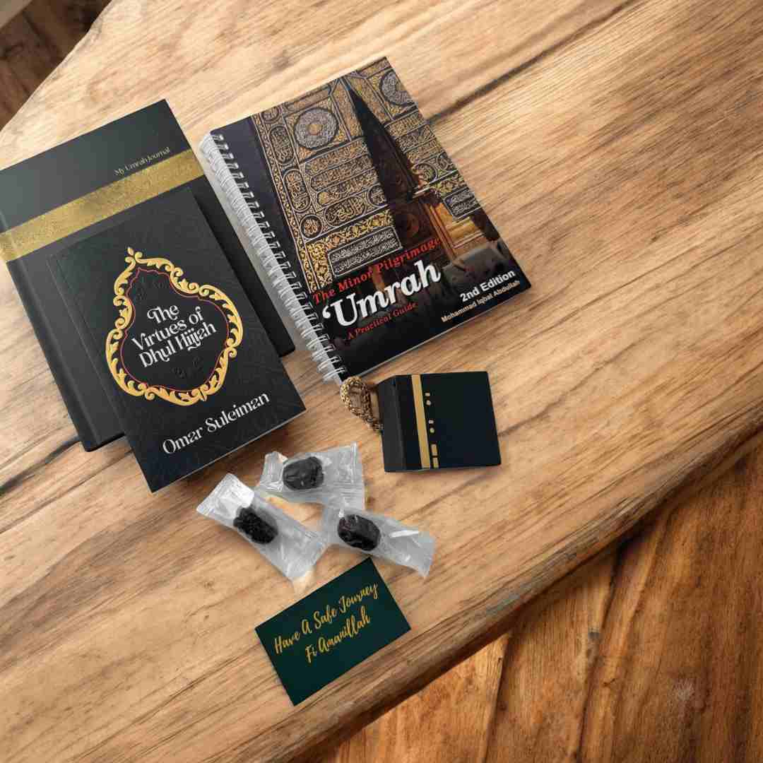 Islamic pilgrim preparation gift box with Umrah guide, Dhul Hijjah book and Sunnah Ajwa dates