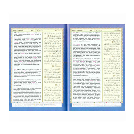 Close up Quran page showing colour coded Tajweed and English meaning