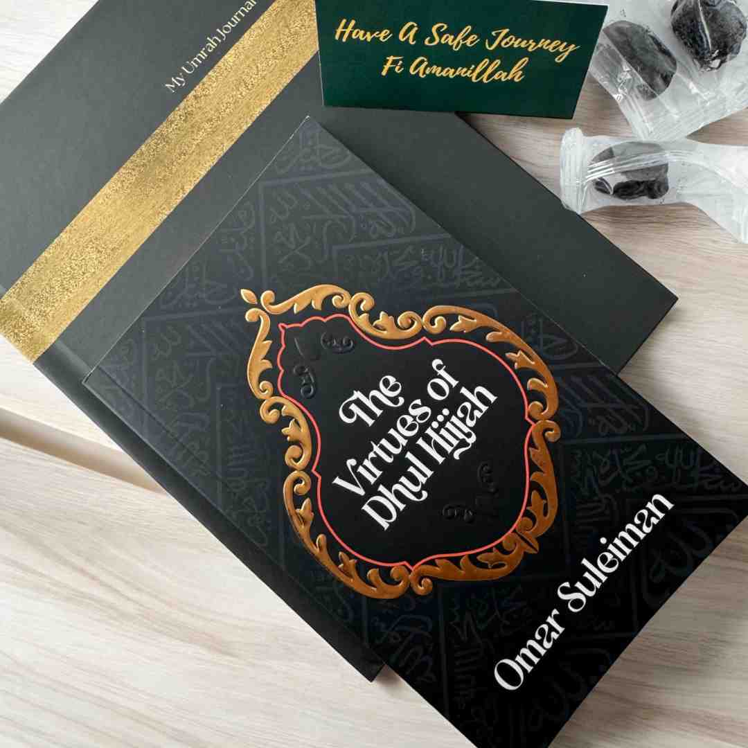 Islamic reflection gift box for Dhul Hijjah with virtues book, Umrah journal and Ajwa dates