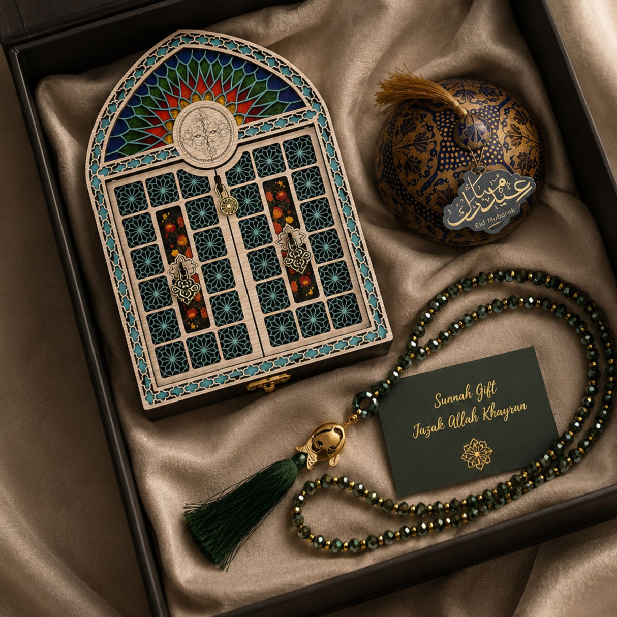 Elegant Muslim gift set with handcrafted Iranian treasure box, crystal tasbih, and decorative keepsake for Eid, Hajj, Umrah, weddings and special occasions.