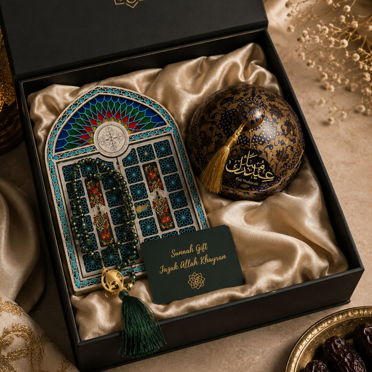 Treasures of Faith luxury Islamic gift set featuring a handcrafted Persian treasure box, emerald green crystal tasbih, decorative bonbonnière, and Sunnah Gift card.