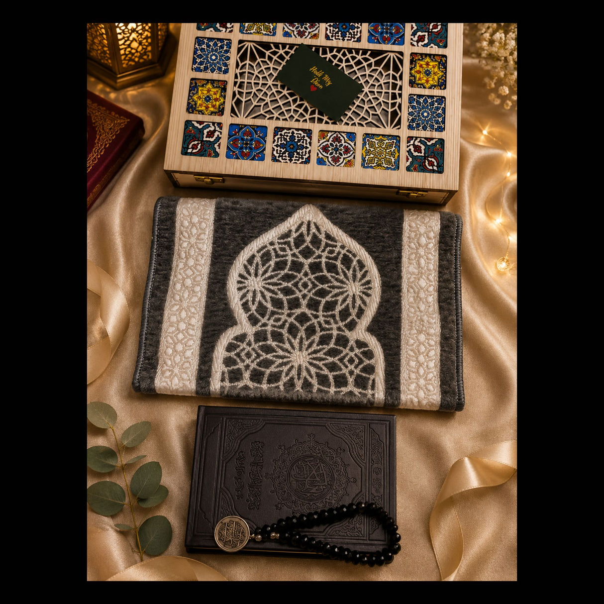 Luxury Islamic wedding gift for Muslim groom with Arabic Al-Quran, prayer mat, crystal black tasbih and decorative Syrian wooden keepsake box