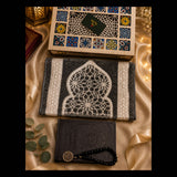 Luxury Islamic wedding gift for Muslim groom with Arabic Al-Quran, prayer mat, crystal black tasbih and decorative Syrian wooden keepsake box