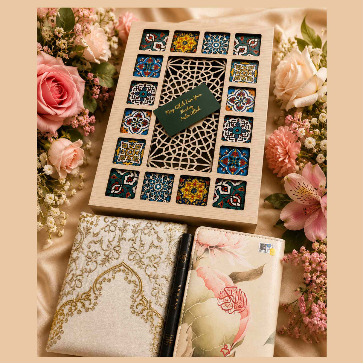 Luxury Islamic bridal keepsake set with floral Quran and prayer essentials in geometric wooden box