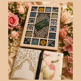 Luxury Islamic bridal keepsake set with floral Quran and prayer essentials in geometric wooden box
