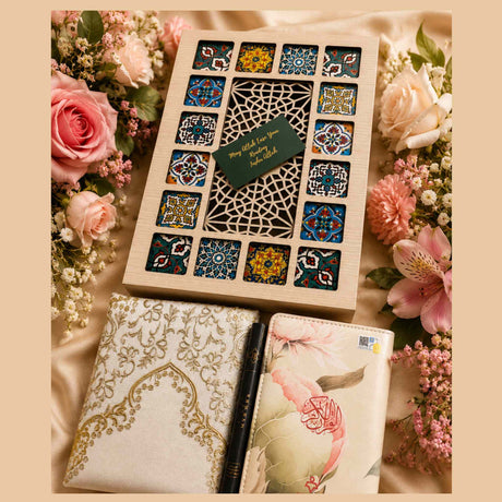 Luxury Islamic bridal keepsake set with floral Quran and prayer essentials in geometric wooden box
