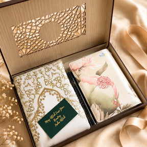 The Floral Sakinah Luxe Set Islamic bridal gift with floral Quran prayer mat and wooden keepsake box