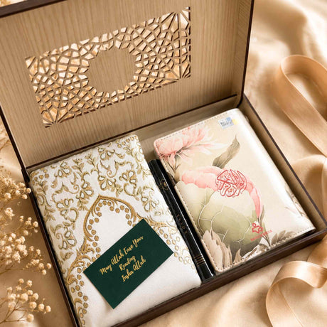 The Floral Sakinah Luxe Set Islamic bridal gift with floral Quran prayer mat and wooden keepsake box