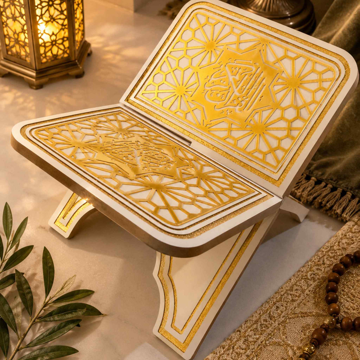 Shop the elegant White & Gold Wooden Rehal Quran Stand by Al Hiqma. Crafted from durable wood with Islamic geometric detailing, perfect for Quran reading, home décor, Ramadan, Eid & meaningful gifting.
